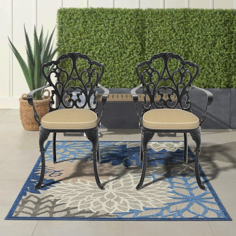 Chaise de patio en fonte d'aluminium avec structure et coussins noirs, 2