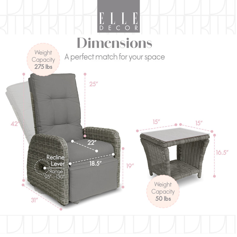 Vallauris Gray Wicker 3-Piece Reclining Outdoor Chair Set
