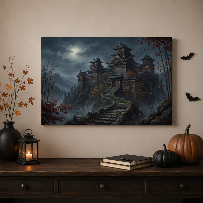 Art japonais sur toile, "Château japonais sur une montagne brumeuse sous Halloween", H 16 po x l 24 po