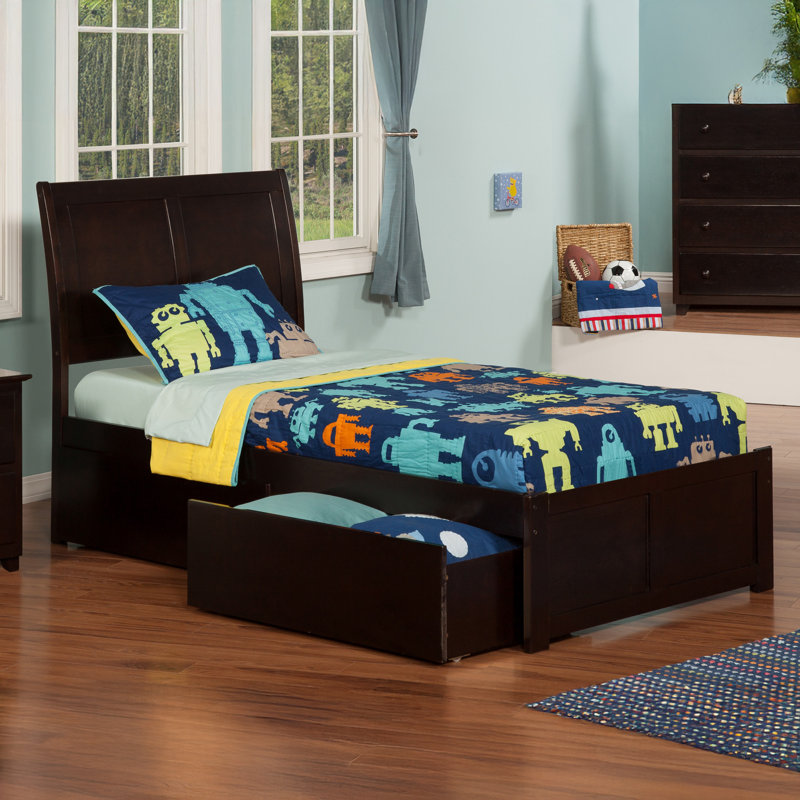 Lit plateforme en bois massif avec repose-pieds et tiroirs sous le lit Fitzsimmons, Simple TG, Espresso