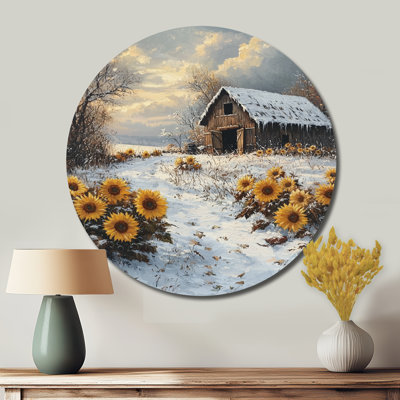 Tournesols par la cabane à outils Frosty II - campagne jaune, reproduction d'art en métal, ferme ronde