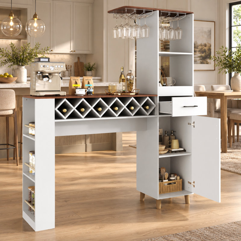 Table de bar moderne de 46 pouces avec meuble à vin et porte-verres, Blanc