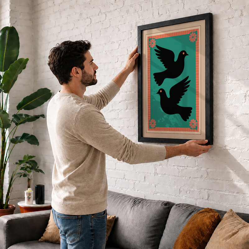 Doves in Flight Japandi - Framed Print, A1 - 84.1 x 59.4 cm, Oak