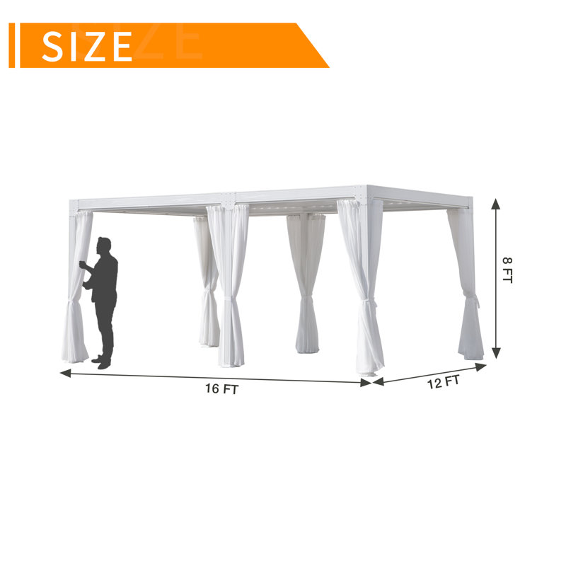 Pergola en aluminium à toit réglable, Blanc, Auvent rétractable de l 16 pi l 10 pi. x P 12 pi.