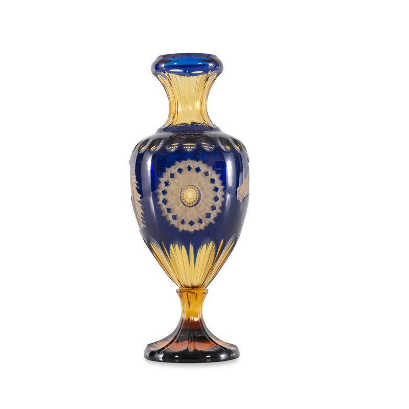 Amber and Blue Crystal Vase with Hand Carved Designs