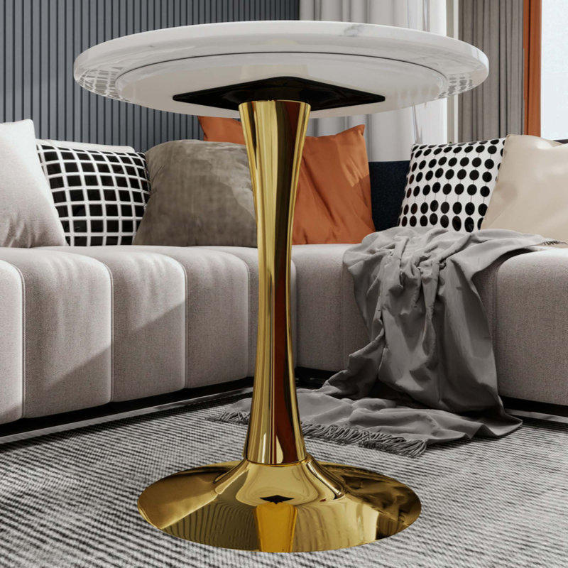Mid-Century Modern Round Table, Veined Faux Marble Tabletop Multi-Purpose Coffee & Dining Table, Accommodates 2-4 People