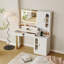 Coiffeuse cannelée avec miroir et lumières, bureau de coiffeuse en bois, table de maquillage avec station de charge, tiroirs et armoires de rangement
