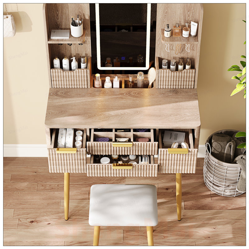 Meuble-lavabo à 4 tiroirs avec miroir à DEL, conception cannelée, pieds en métal et tabouret en polyuréthane, parfait pour les chambres à coucher modernes