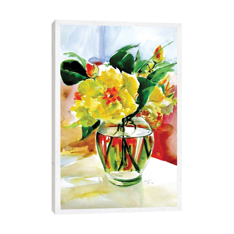 Still Life With Yellow Flowers by Anna Brigitta Kovacs - Painting on Canvas, 66.04cm H x 45.72cm W x 3.81cm D, White Framed