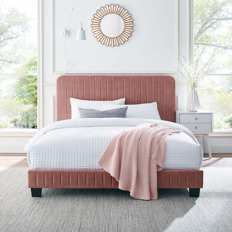 Celine Channel Tufted Performance Velvet Platform Bed, Pink, Full / Double