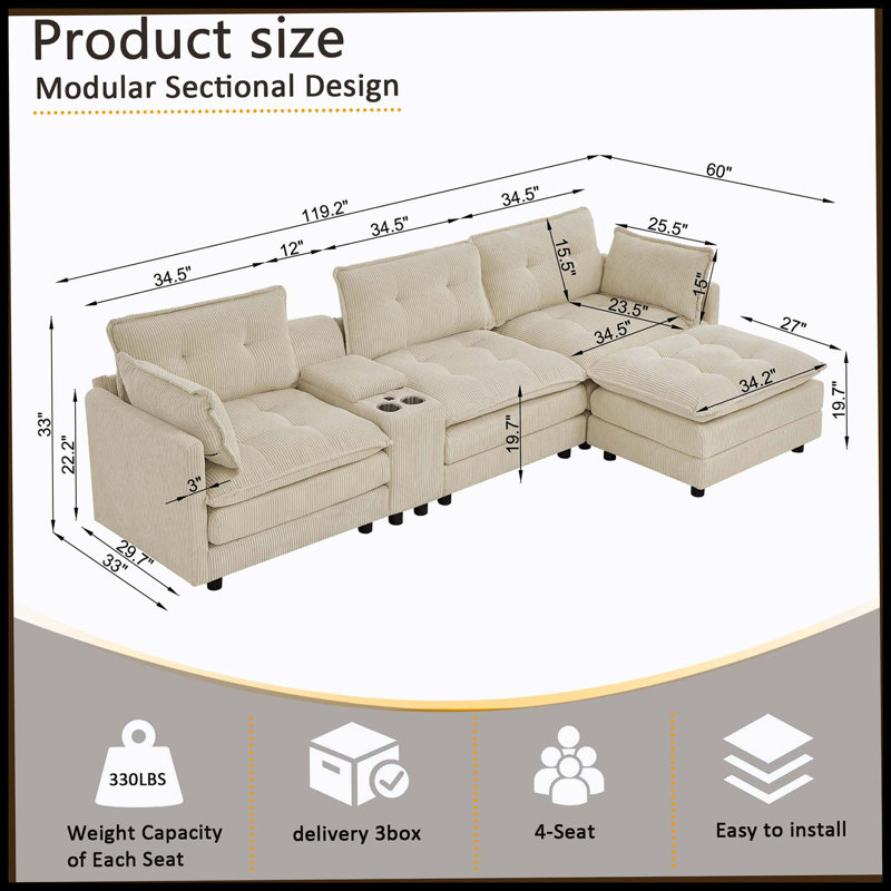 Canapé modulaire surdimensionné en L 119 po en forme de L avec 1 repose-pieds et 1 console multifonctionnelle, canapé rembourré 4 places avec port USB et 2 porte-gobelets, facile à assembler, pour le salon, beige