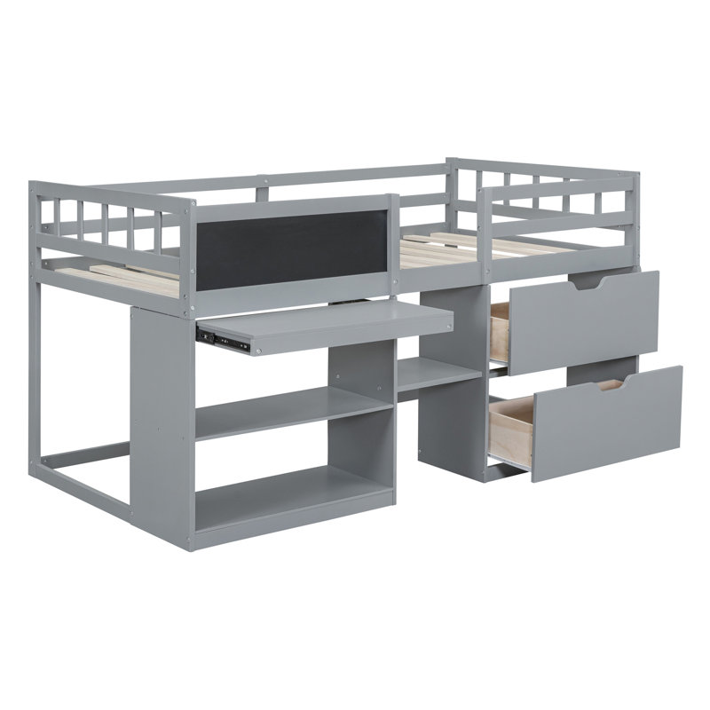 Lit mezzanine simple gris bas avec bureau, tablette et tiroir, Gris