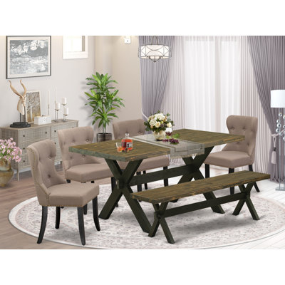 6 Piece Dinette Set Contains a Rectangle Dining Room Table with X-Legs and 4 Coffee Linen Fabric Parson Chairs with a Bench, Wire Brushed Black Finish