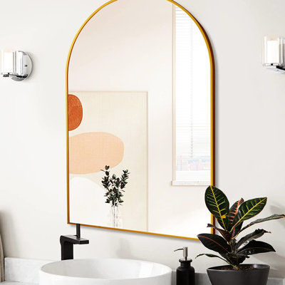 Miroir mural de salle de bain arqué en métal doré 24 x 36 pouces - Verre, aluminium rouille, film incassable ajouté pour un guide d'installation de 4 mm