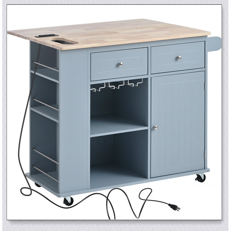 Kitchen Island with Power Outlet,Kitchen Storage Island with Drop Leaf and Rubber Wood, Blue