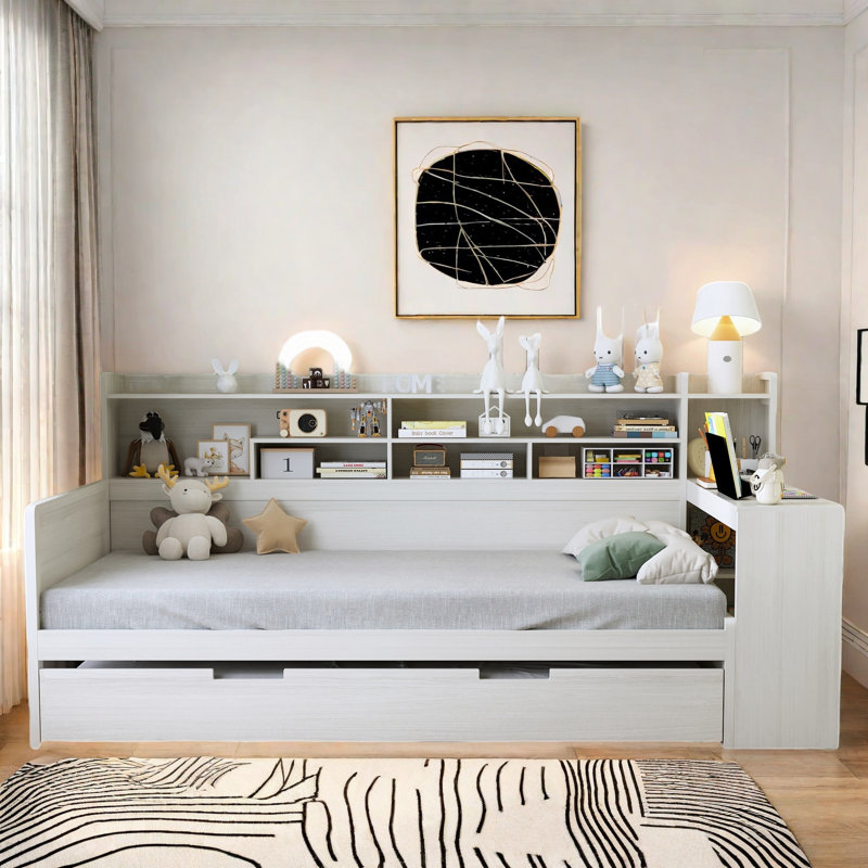 Multifunctional Wooden Daybed With Storage Shelves, Study Desk And Trundle, Twin, Antique White