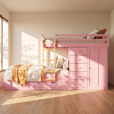 Lit superposé en bois massif à hauteur de 7 tiroirs avec garde-robe en bois massif l 123,6 po x P 59,3 po x H 65 po Sakura