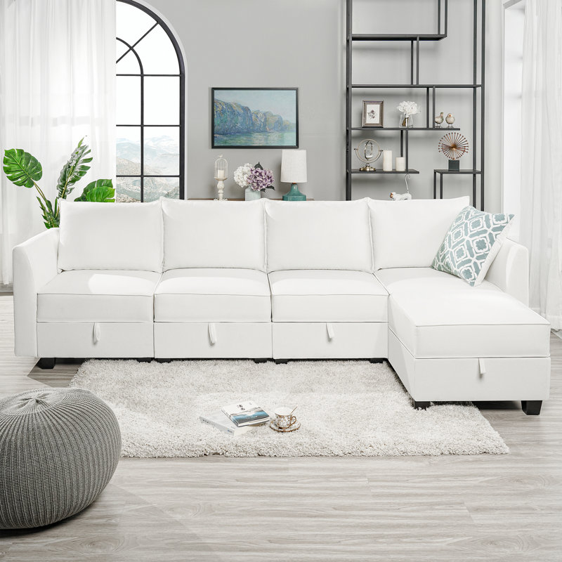 Hailsham Convertible 4 Seater L-Shaped Modular Linen Sofa Sectional with 2 Ottoman for Living Room, White