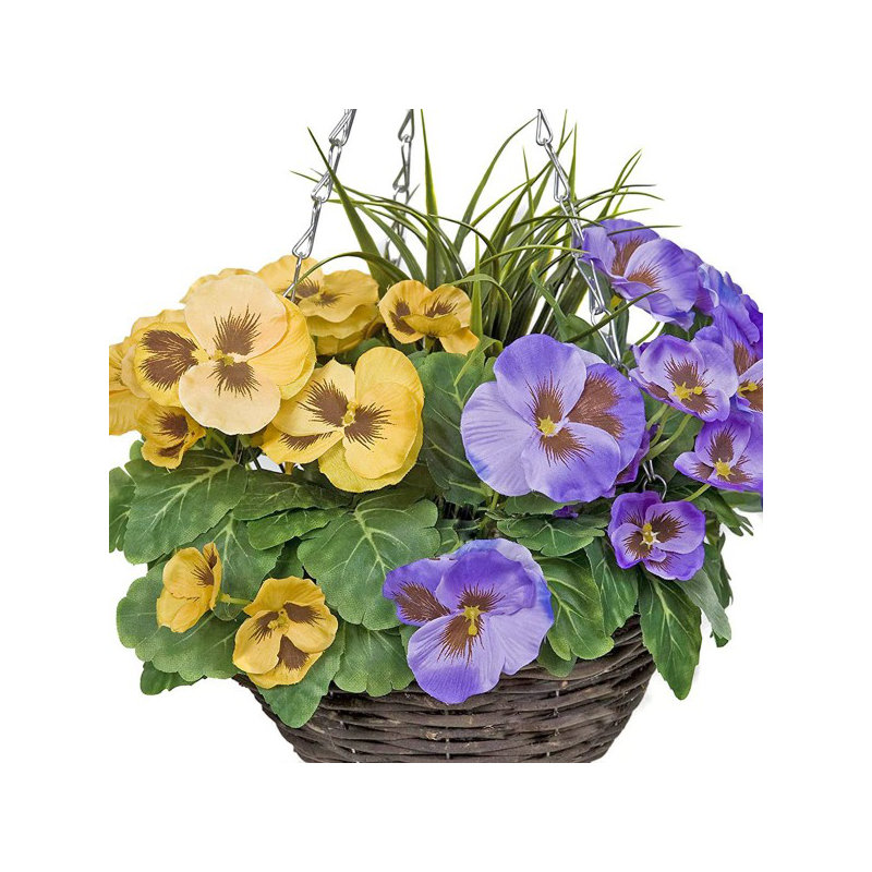 2 x Hanging Baskets with Flowers and Decorative Grasses (Set of 2), Yellow/Purple
