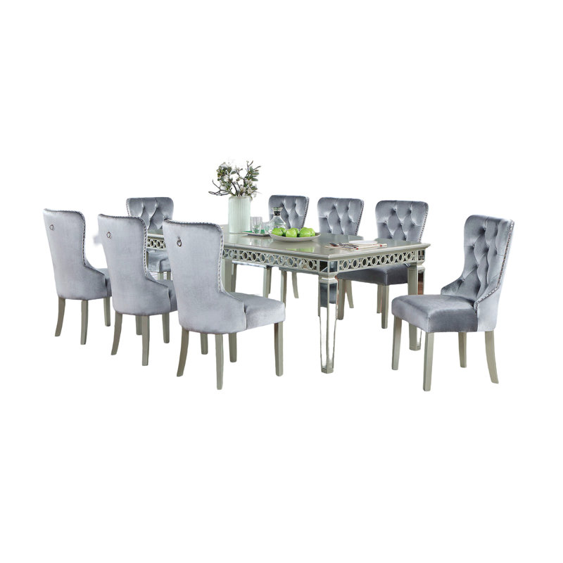 Glam argent et gris foncé 9 pièces ensemble de salle à manger avec chaises à oreilles et dossier capitonné en acrylique
