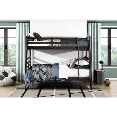Lit simple superposé au dessus d'un lit double, finition brun foncé classique, matériau en bois, garde-corps pour le dessus, sans sommier, 300 lb par lit avec bois, rails, sommier, sommier à matelas de 6 pouces, capacité
