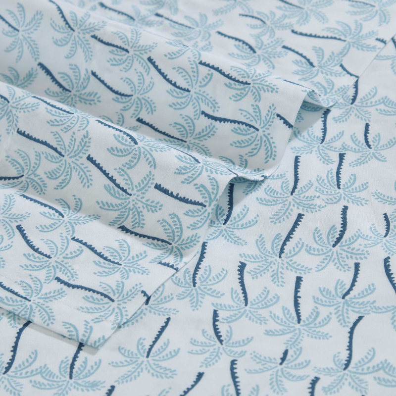King Blue Cotton Percale Palm Print Sheet Set