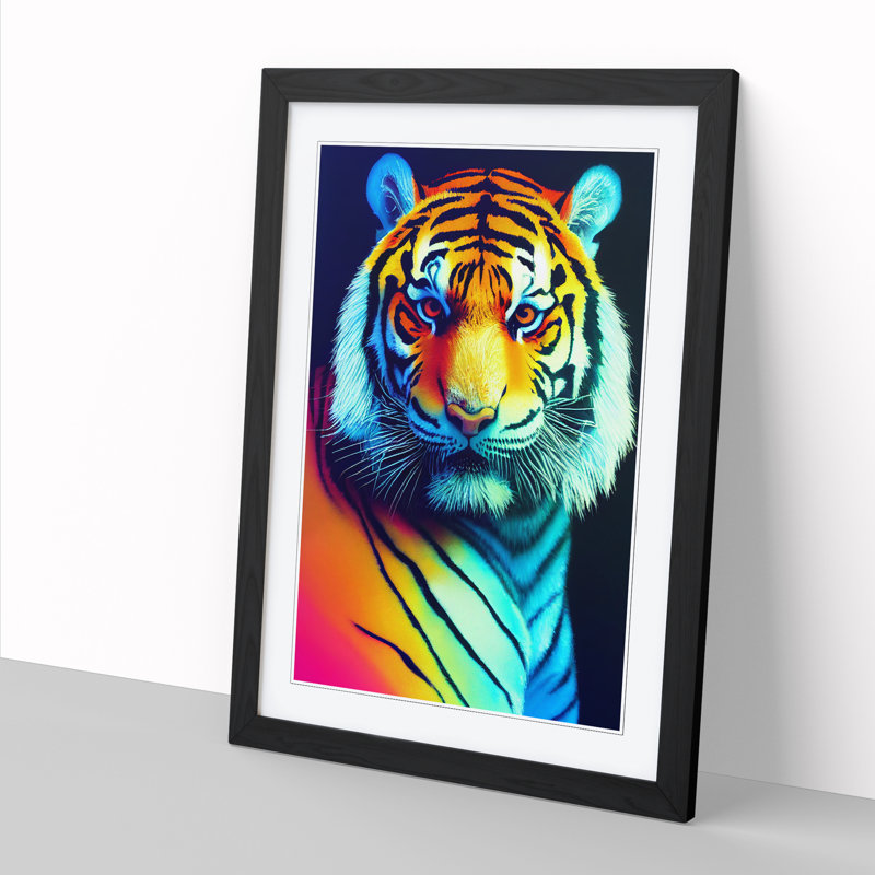 FRM-V0523-2521X Tiger Vaporwave - Single Picture Frame Print, 34cm H x 25cm W x 2cm D, Walnut