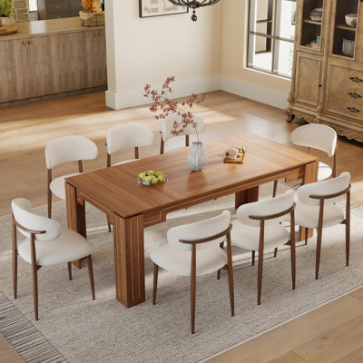 Wooden Rectangle Dining Table Set for 6-8, Rustic Kitchen Table and Chairs with Linen Upholstered Chair for Dining Room