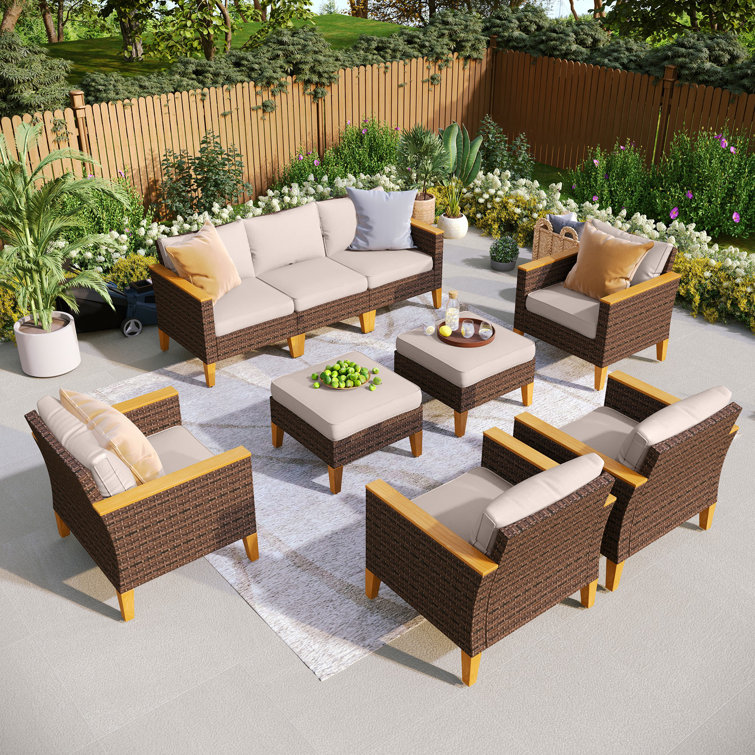 All Weather Wicker/Rattan 9 - Person Seating Group with Cushions