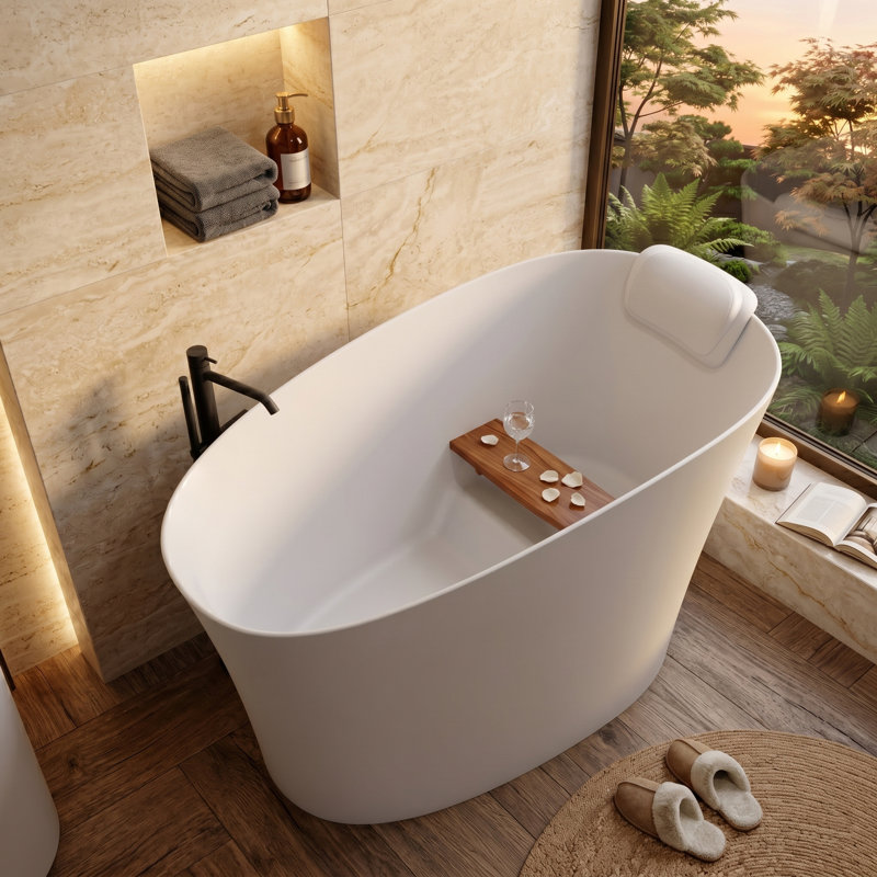 51" Solid Surface Oval Freestanding Bathtub – Integral Seat And Headrest, Overflow & Drain Included, Glossy White