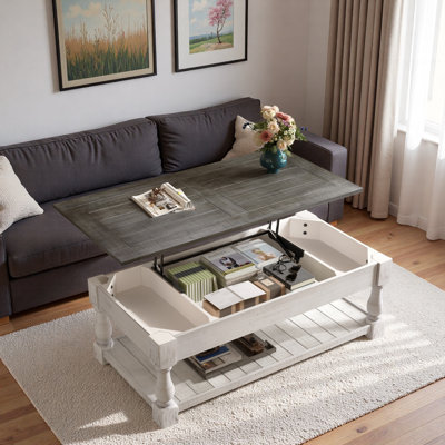 Table basse à plateau relevable avec tablette fixe, plateau de table en bois massif, 3 plateaux de rangement cachés, table à deux niveaux gris antique et blanc vieilli pour le salon