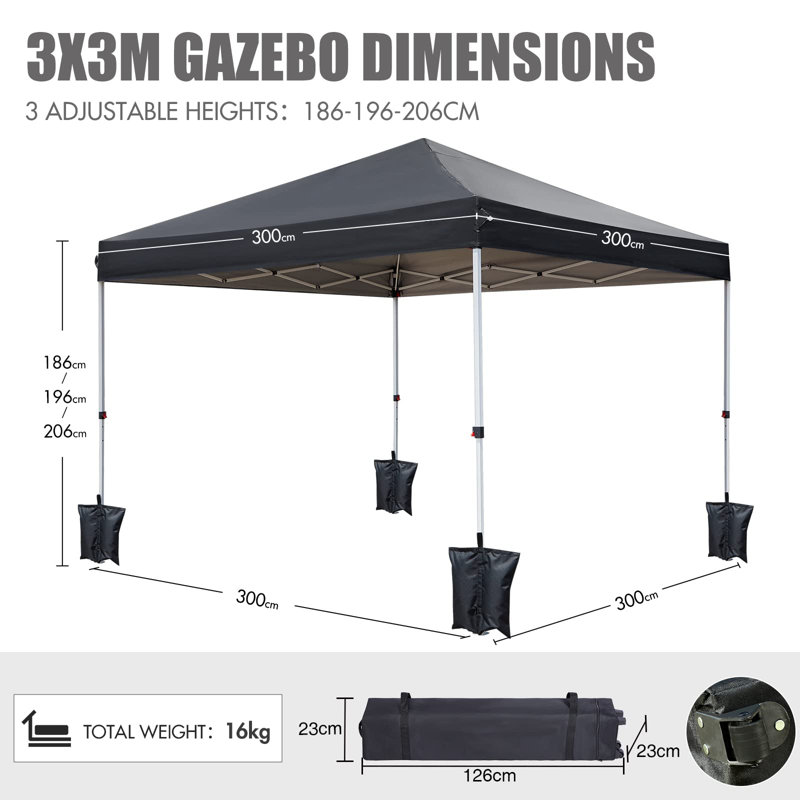 Outdoor Pop Up Gazebo Black, 206cm H x 300cm W x 300cm D