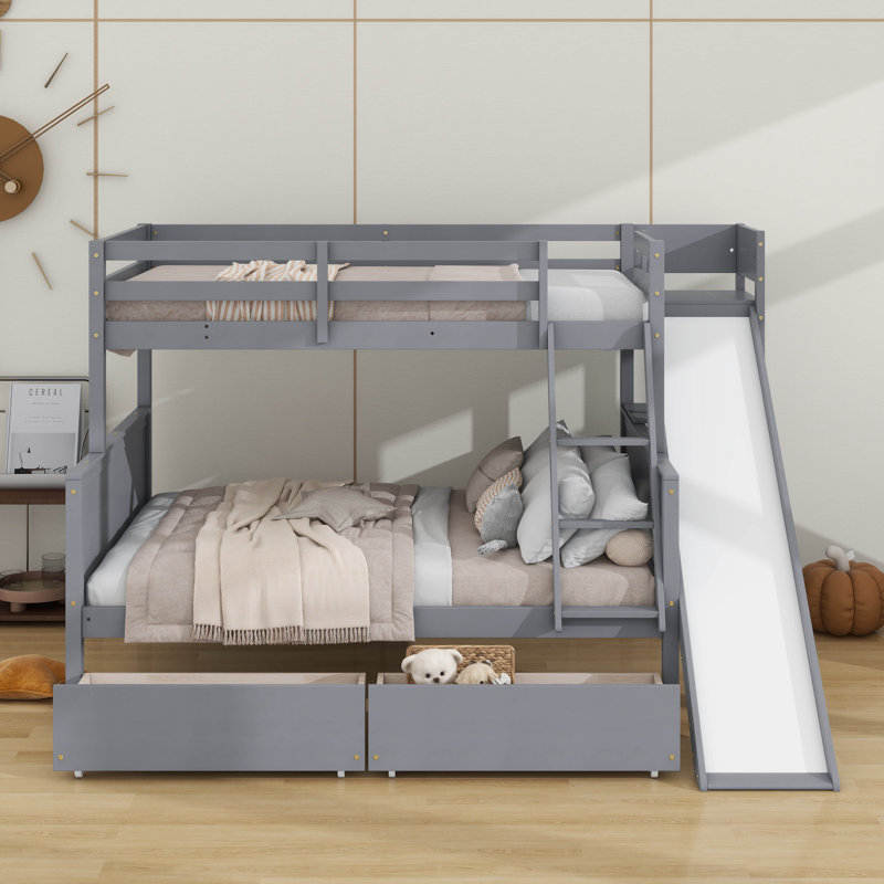 Lit simple superposé au dessus d'un lit double avec 2 tiroirs, glissière, tablettes, échelle, Gris