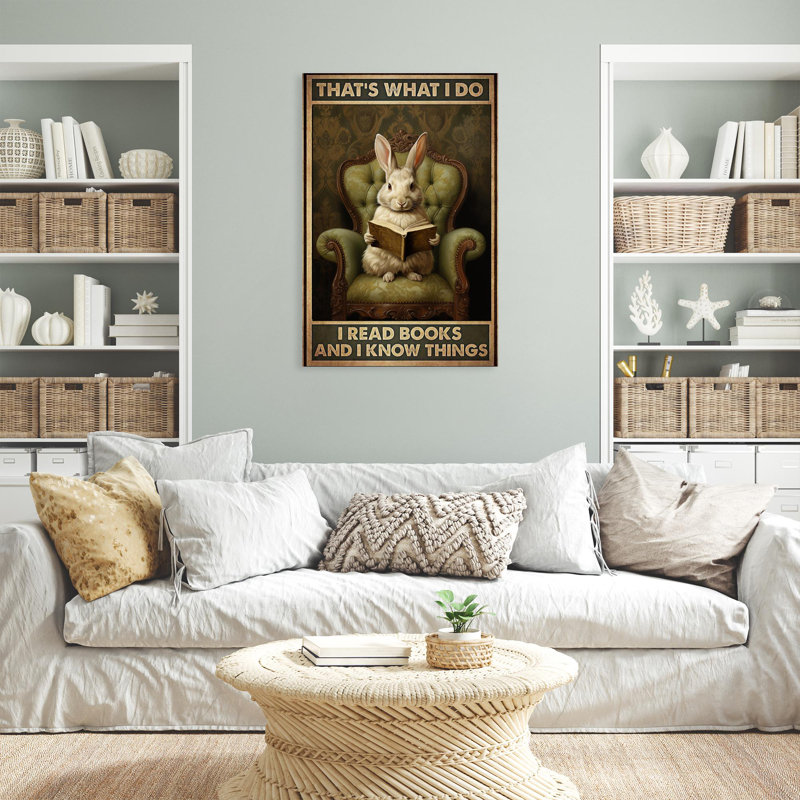 Lapin que je lis des livres - 1 pièce, reproduction d'art graphique sur toile tendue, H 20 po x l 16 po