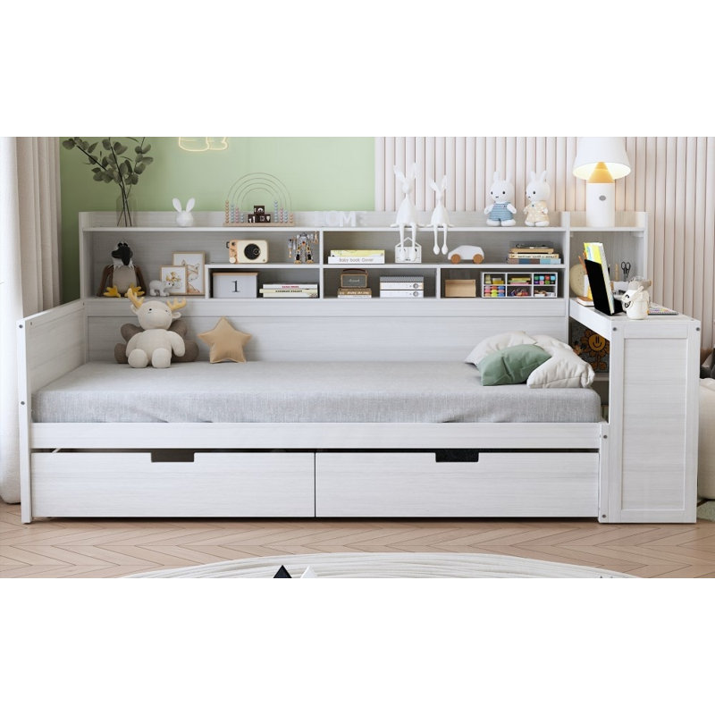 Wooden Twin Size Daybed with Storage - No Box Spring Needed, Sturdy and Versatile!, Antique White, Twin