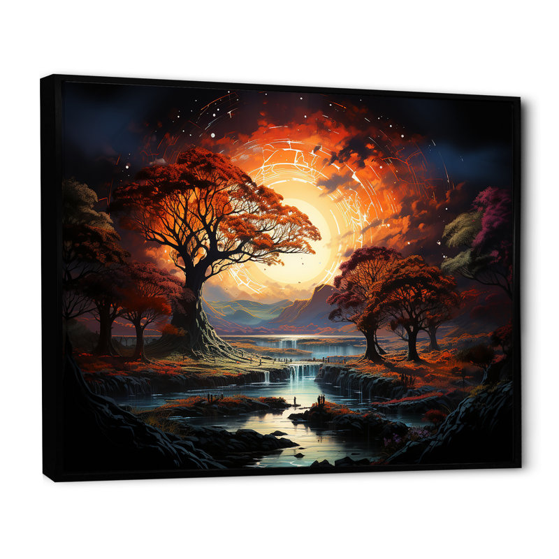 «Native Art Circle of Life Sunrise» sur toile, Cadre flottant noir, H 24 po x l 32 po x P 1 po