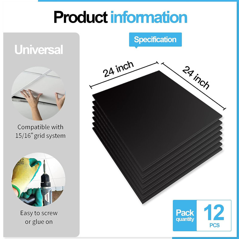 12Pcs 2 ft. x 2 ft. PVC Drop Ceiling Tile,Smooth Square Wall Paneling (48 Sq.ft.), Black