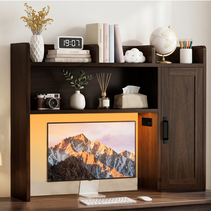 Étagère de bureau en bois avec rangement intégré, poste de recharge et rétroéclairage DEL, Brun