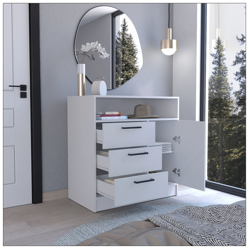 Commode compacte Omaha avec 3 tiroirs et une armoire, Blanc