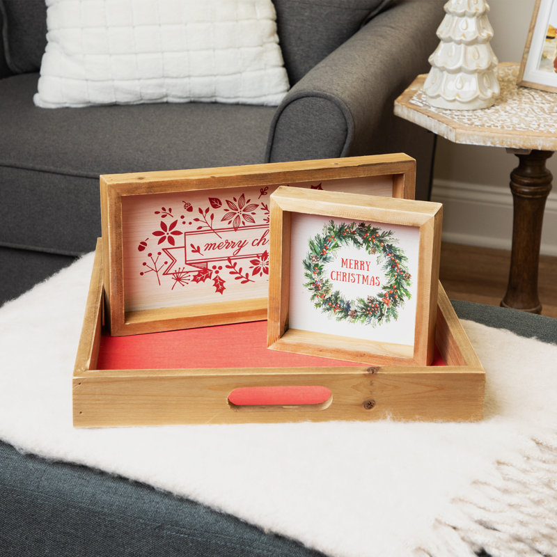 Set of 3 Merry Christmas Wood Plaques and Serving Tray with Handles 16"