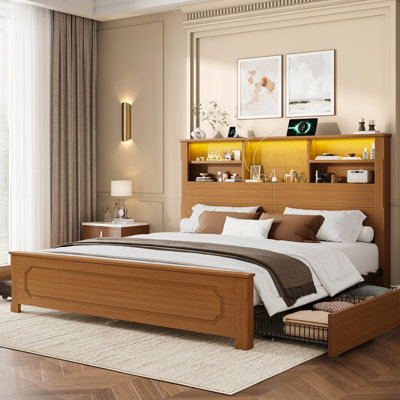 King Platform Bed with Bookcase Headboard & Storage Drawers, Walnut