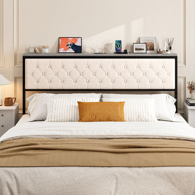 Headboard With Storage And Charging Station, Upholstered Storage Headboard Only With Bed Frame Brackets Adapter, Button Tufted Design, Easy Assembly