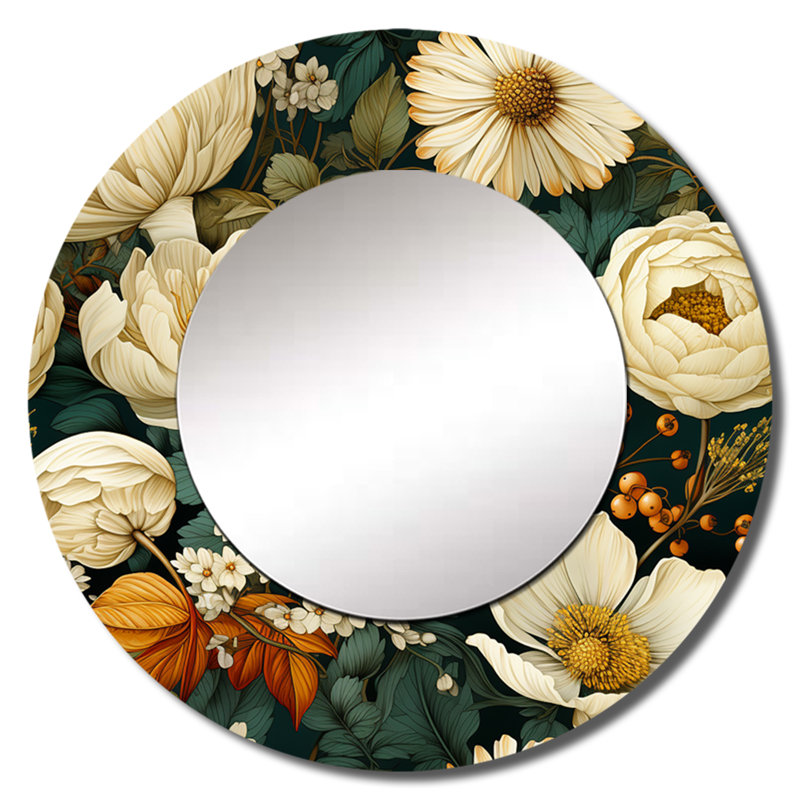 Motif de fleurs de chrysanthème terreux - miroir floral rond mural_MTMIR123792, 36 po x 36 po