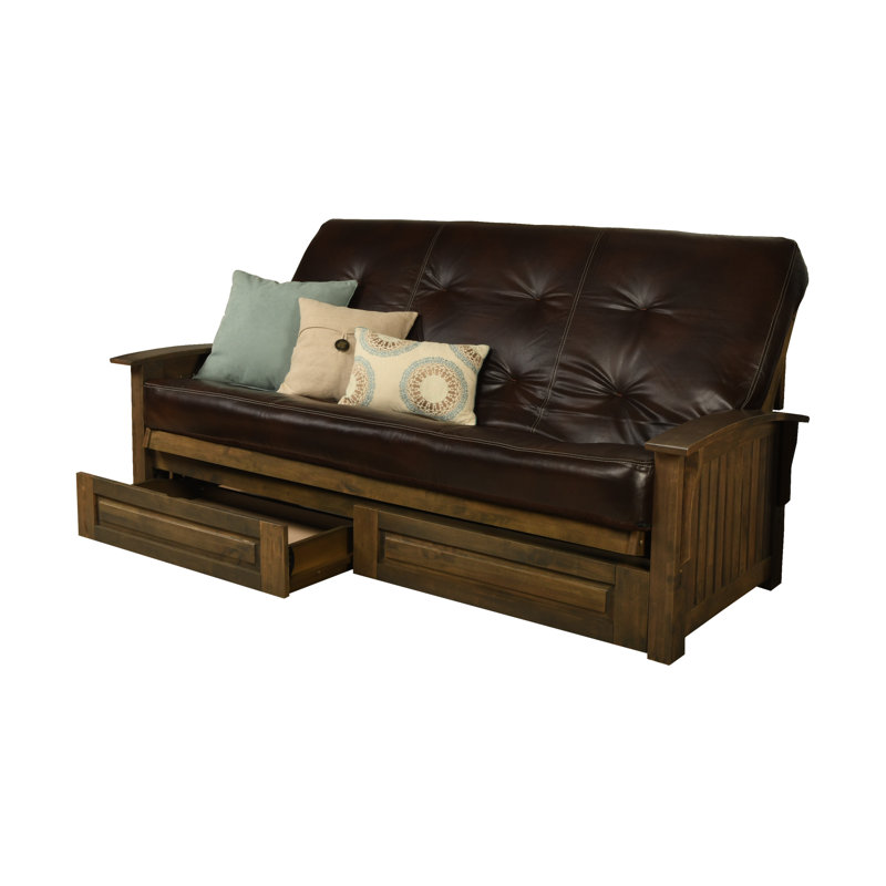 Stratford Queen 87" Wide Faux Leather Loose Back Futon And Mattress with Storage, Black Faux Leather