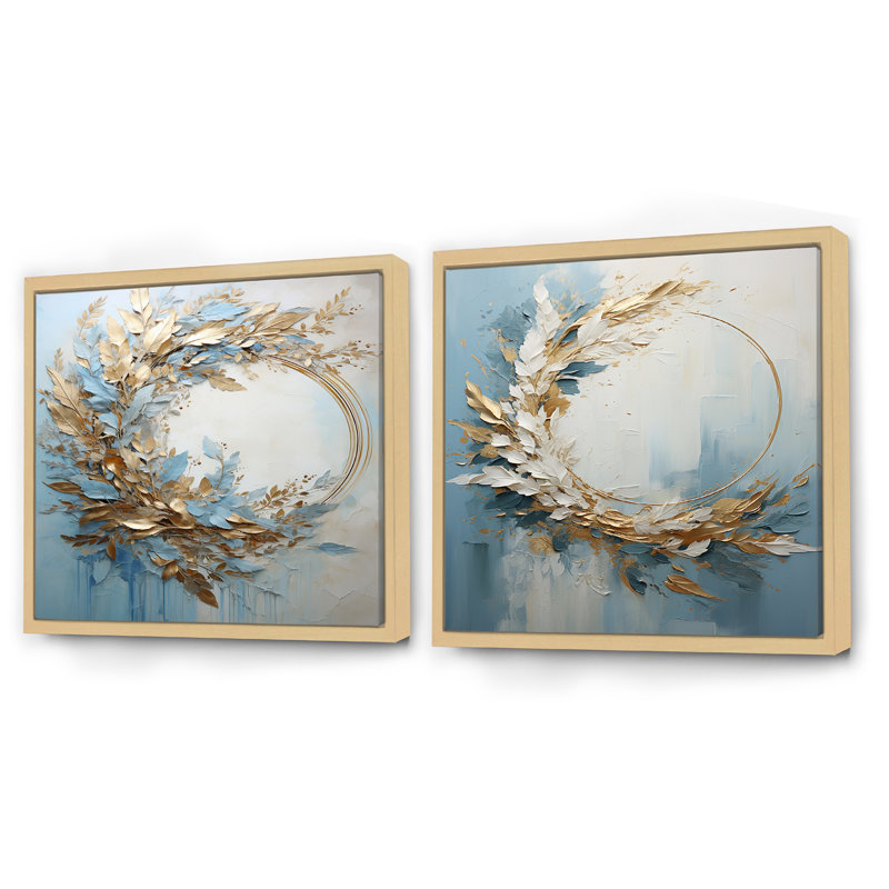 Couronne de fleurs bleue et dorée - ensemble de 2 collages floraux carrés, Cadre flottant brun, H 30 po x l 61 po