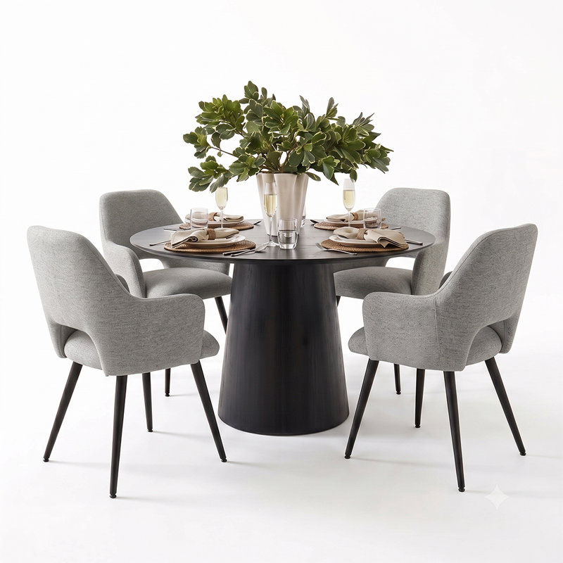Ensemble de salle à manger rond avec table à pied centrale de 42 pouces et 4 chaises de salle à manger rembourrées, Gris