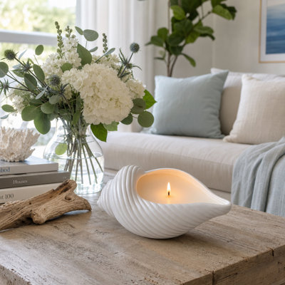 Decorative Coastal Shell Sea Salt Scented Candle for Living Room Bookshelf - Soy Wax Candle for Bedroom or Coffee Table Lifgting - 9", White & Ivory