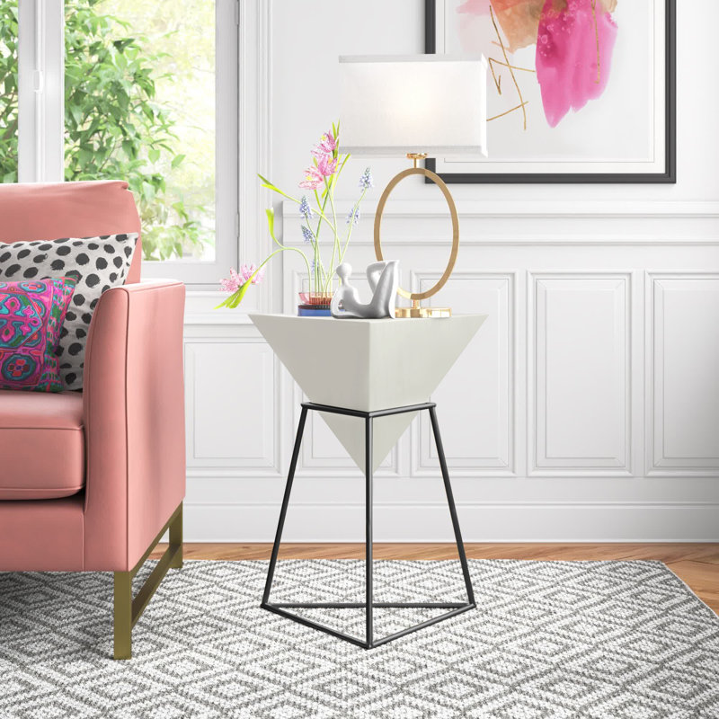 Irenej Wood Inverted Pyramid Geometric Side End Accent Table with Metal Stand, Black, Black