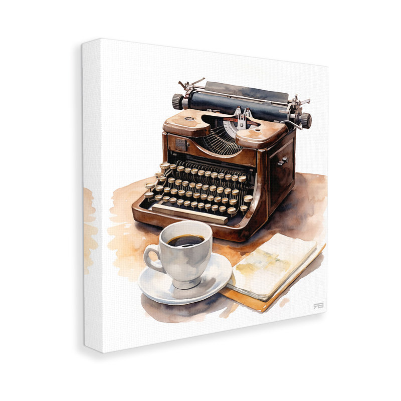 Conception d'art sur toile avec machine à écrire avec tasse à café par Rb, H 36 po x l 36 po