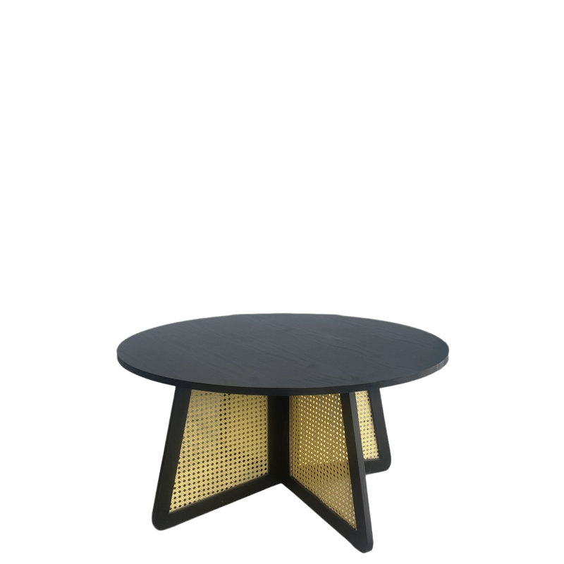Bot Round Black Coffee Table with Base Cane Inlay – Modern Wood Accent Centerpiece